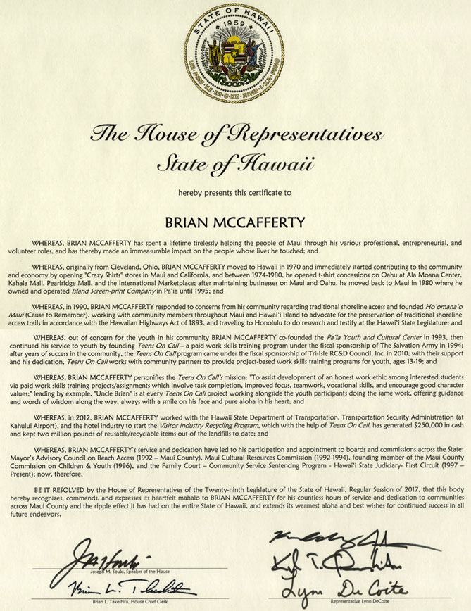 2017 Resolution 158 Award from Hawaii State to Brian McCafferty